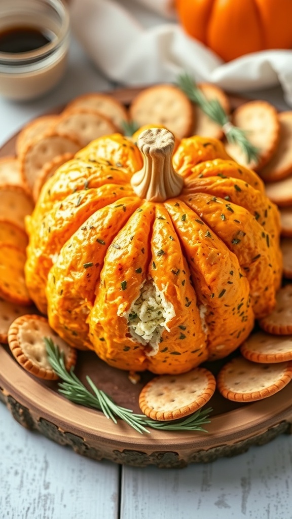 A cheese ball shaped like a pumpkin, surrounded by crackers on a wooden platter.