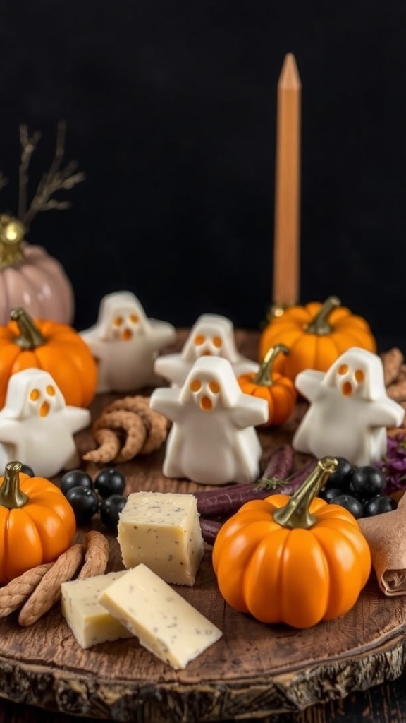 A Halloween-themed charcuterie board with ghost-shaped cheeses, mini pumpkins, and assorted nuts.
