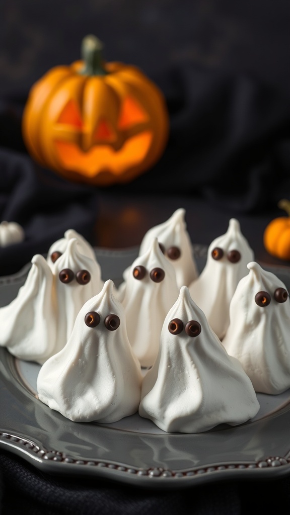 A plate of spooky ghost meringues with chocolate chip eyes, perfect for Halloween.
