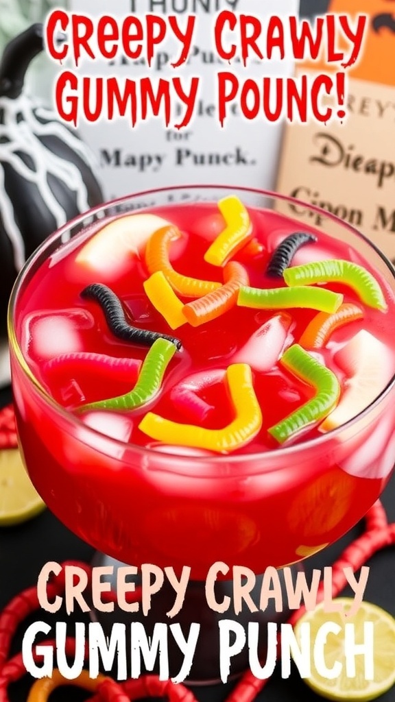 A bowl of Creepy Crawly Gummy Worm Punch with gummy worms and fruit slices, set in a festive Halloween atmosphere.