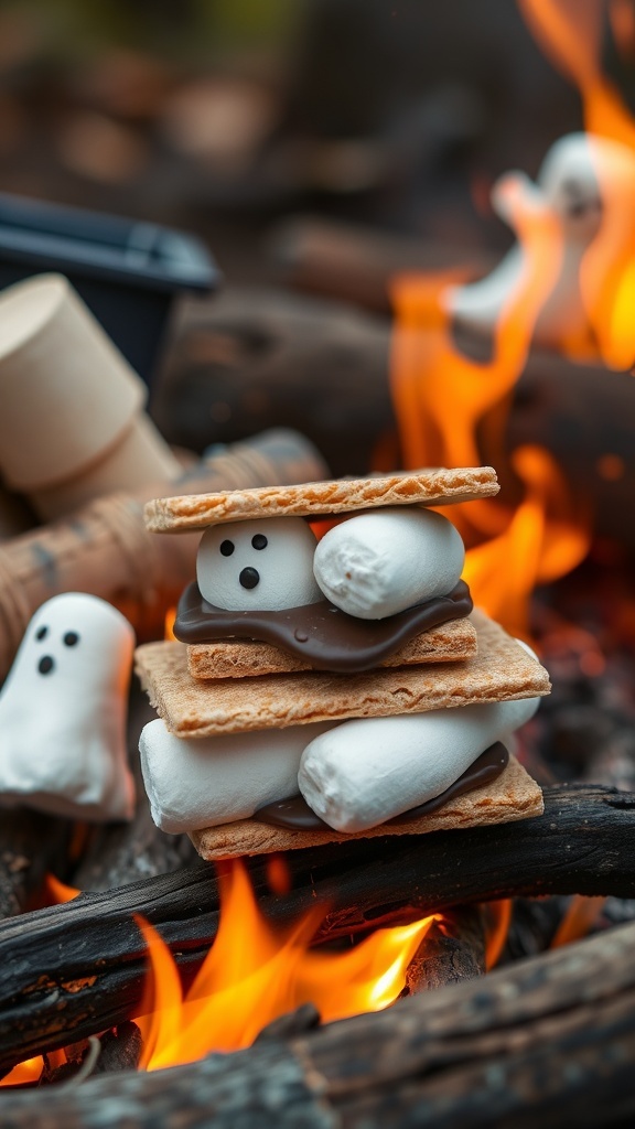 A stack of spooky s'mores with ghost-shaped marshmallows, surrounded by a campfire.