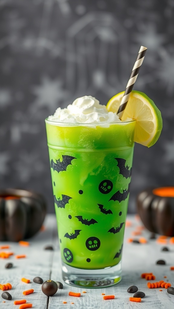 A spooky green apple slush drink with whipped cream and a lemon slice, served in a Halloween-themed glass.