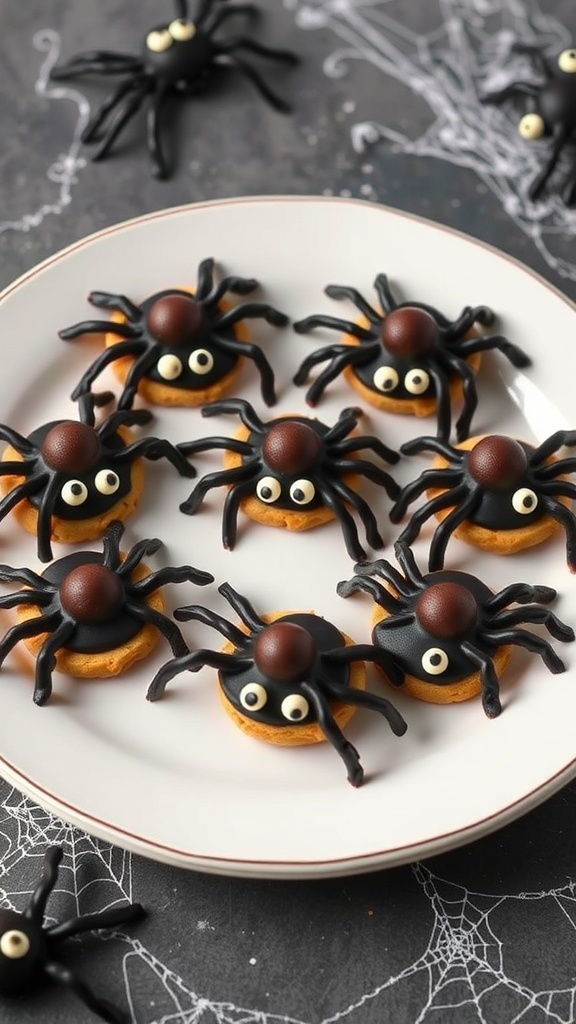 A plate of spooky spider cookies decorated with chocolate frosting and candy eyes.