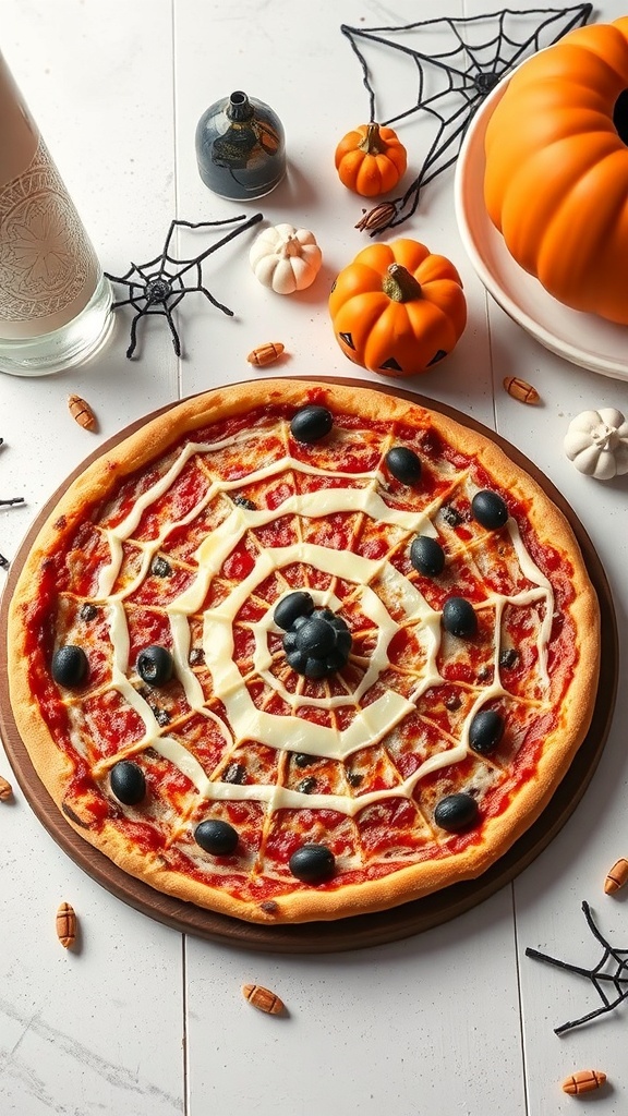 A Halloween-themed pizza decorated like a spider web with olives as spiders, surrounded by mini pumpkins and spider decorations.