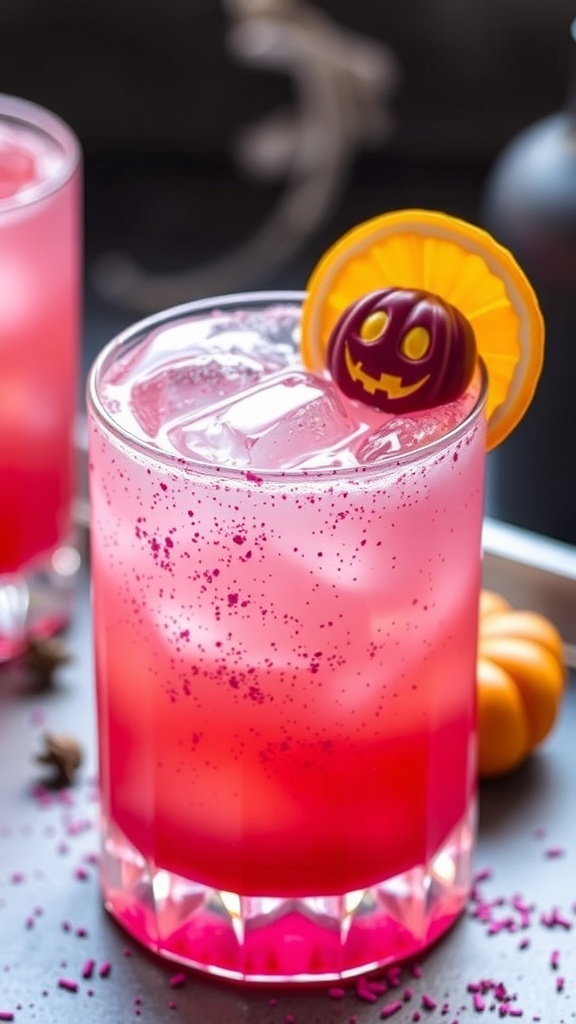 A spooky spritz mocktail with edible glitter, garnished with a bat and cherry, surrounded by Halloween decorations.