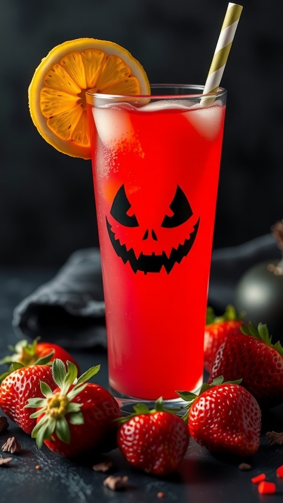 A spooky strawberry lemonade mocktail with a pumpkin face design on the glass, garnished with a lemon slice and surrounded by fresh strawberries.
