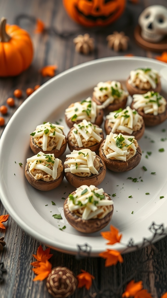 A platter of spooky stuffed mushrooms topped with cheese and herbs, surrounded by Halloween decorations.