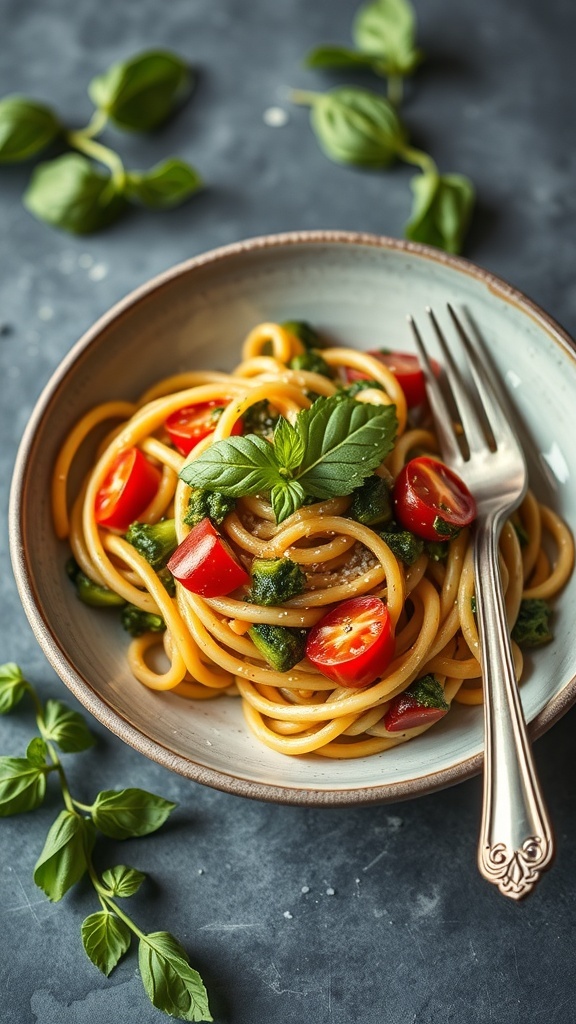 A bowl of spring pesto pasta with cherry tomatoes and fresh basil.
