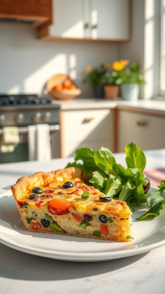 A slice of colorful vegetable quiche on a plate with a side salad, set in a bright kitchen.