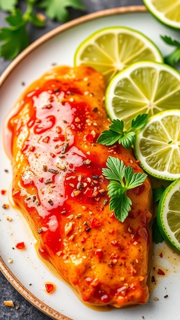 A boneless skinless chicken breast topped with lime slices and garnished with cilantro and chili flakes on a black plate.