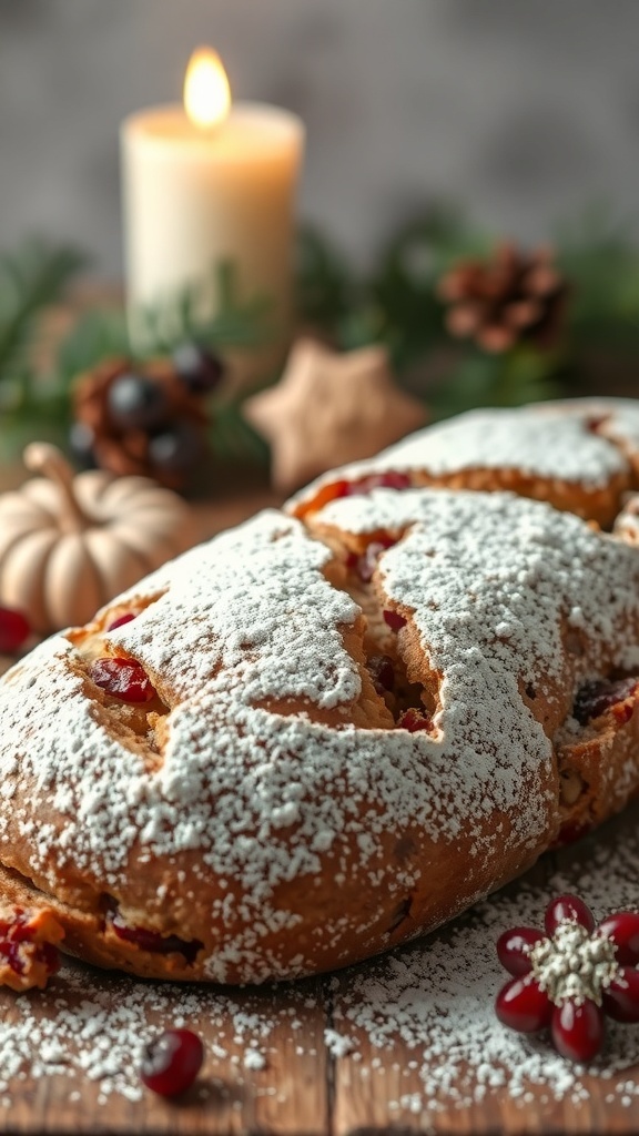 A beautifully dusted stollen bread with cranberries and a candle in the background.