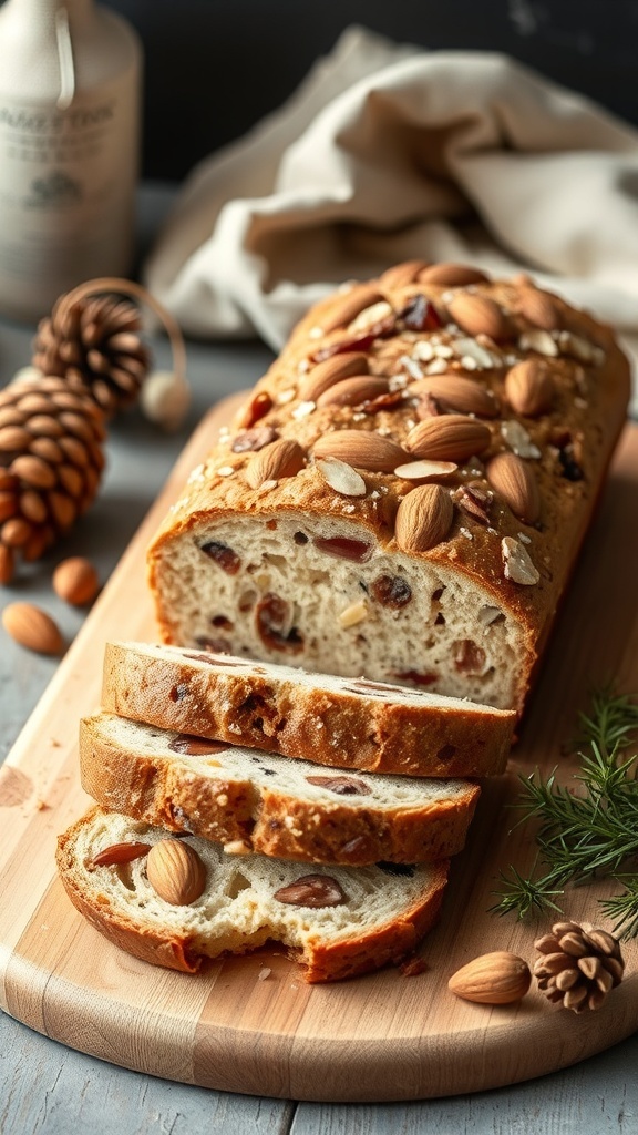 A loaf of stollen bread topped with almonds and dried fruit, sliced on a wooden board.
