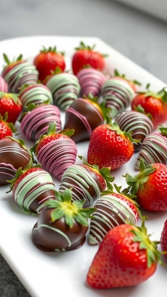 A plate of chocolate-covered strawberries with various flavored coatings.
