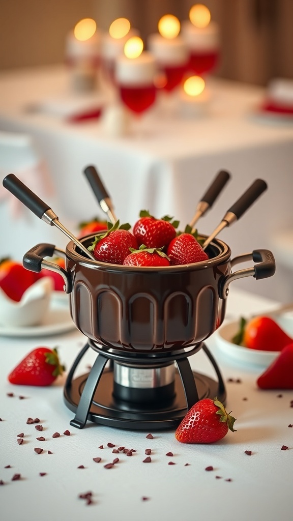 A fondue pot with fresh strawberries for dipping, surrounded by a romantic setting with candles.