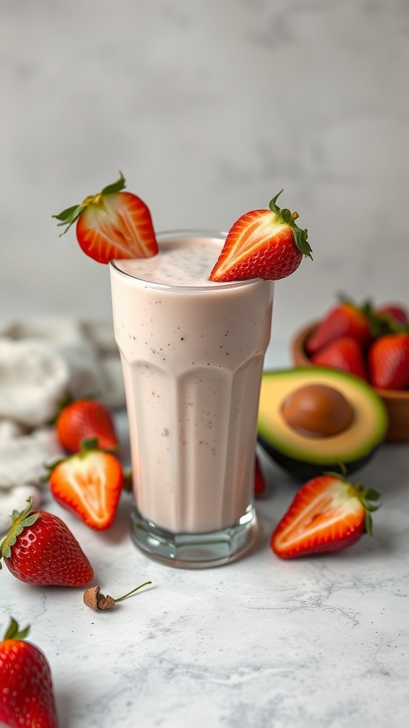 A refreshing strawberry avocado smoothie in a glass, garnished with fresh strawberries, surrounded by strawberries and an avocado.