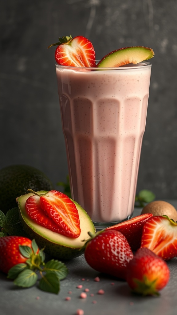 A glass of strawberry avocado smoothie garnished with fresh strawberries and avocado slices, surrounded by whole strawberries and avocado halves.
