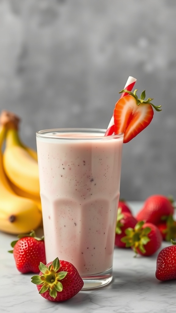 A refreshing strawberry banana smoothie in a glass with strawberries and bananas around it.