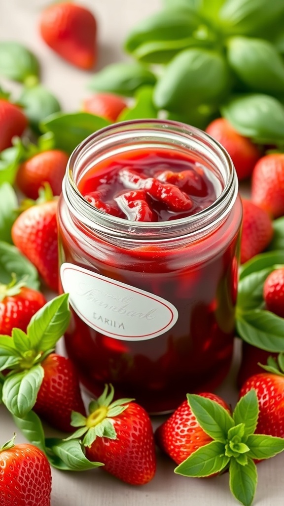 A jar of strawberry basil jam surrounded by fresh strawberries and basil leaves.