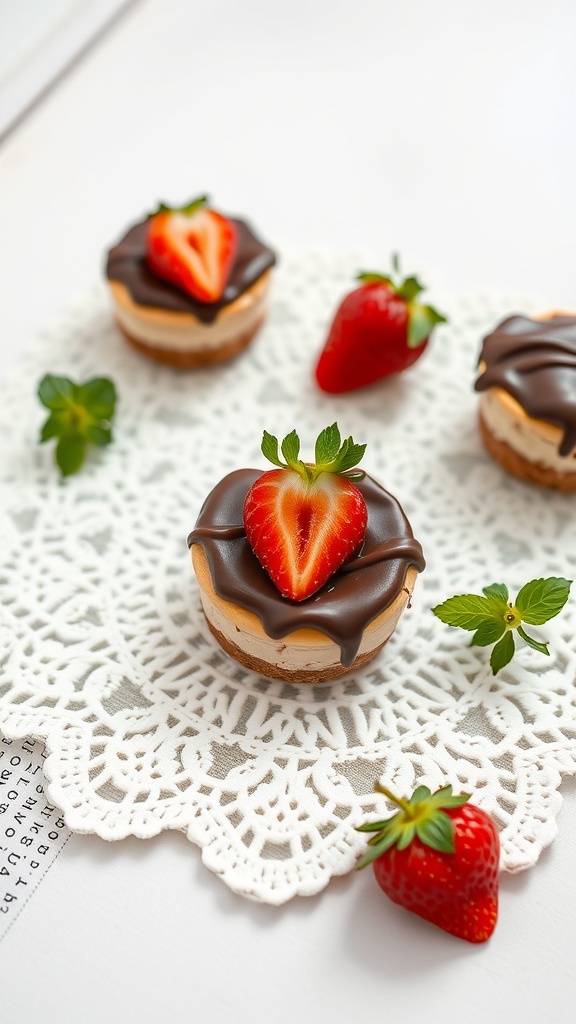 Delicious strawberry cheesecake bites topped with chocolate and fresh strawberries on a lace doily.
