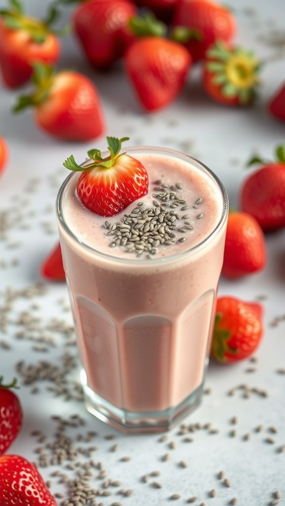 A strawberry smoothie topped with chia seeds and a fresh strawberry, surrounded by whole strawberries.