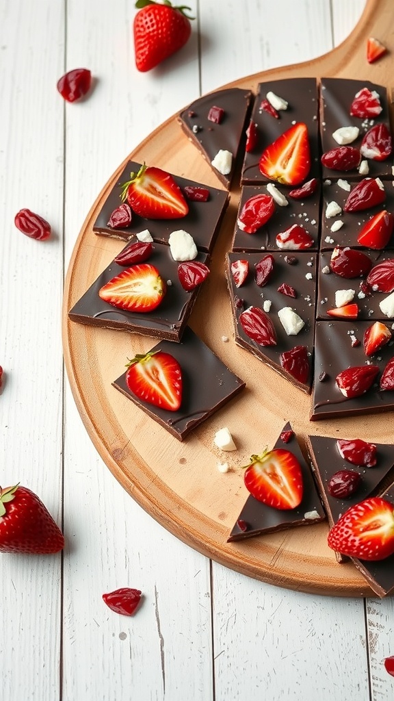 A wooden platter with chocolate bark topped with strawberries and cranberries, surrounded by fresh strawberries.