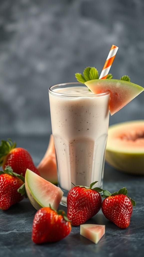 A refreshing strawberry honeydew smoothie in a glass, garnished with a slice of honeydew and mint, surrounded by fresh strawberries.