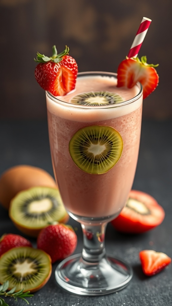 A creamy strawberry kiwi smoothie in a glass, garnished with a slice of kiwi and a strawberry, surrounded by fresh strawberries and kiwis.
