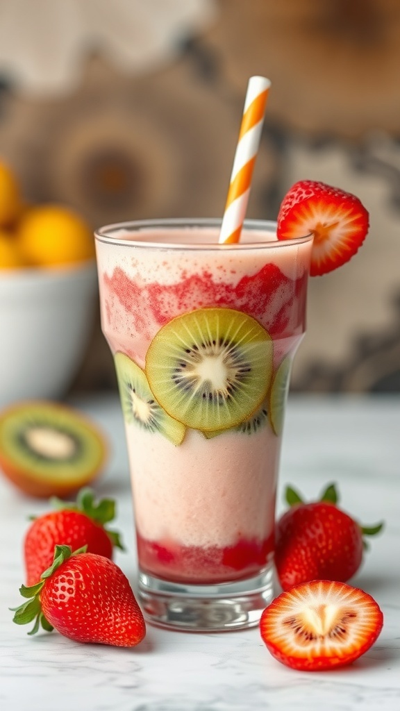 A refreshing Strawberry Kiwi Fusion smoothie in a tall glass, garnished with fresh fruit.