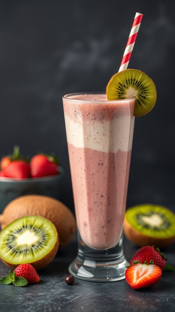 A refreshing strawberry kiwi smoothie in a tall glass with a striped straw, surrounded by fresh strawberries and kiwi slices.