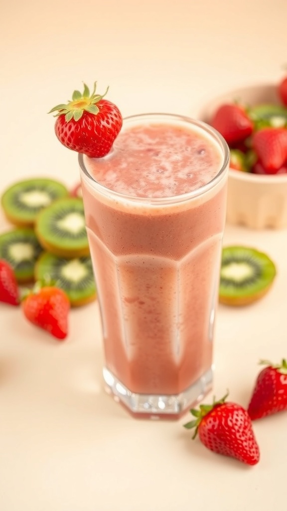 A refreshing strawberry kiwi smoothie in a glass, garnished with a strawberry, surrounded by fresh strawberries and kiwi slices.
