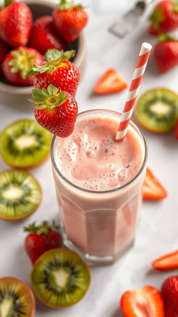 A refreshing strawberry kiwi smoothie in a glass, topped with fresh strawberries and surrounded by sliced kiwis and whole strawberries.