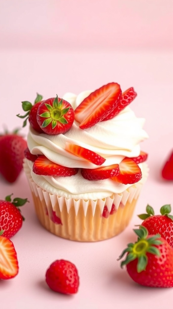 Delicious strawberry shortcake cupcake topped with fresh strawberries and whipped cream.