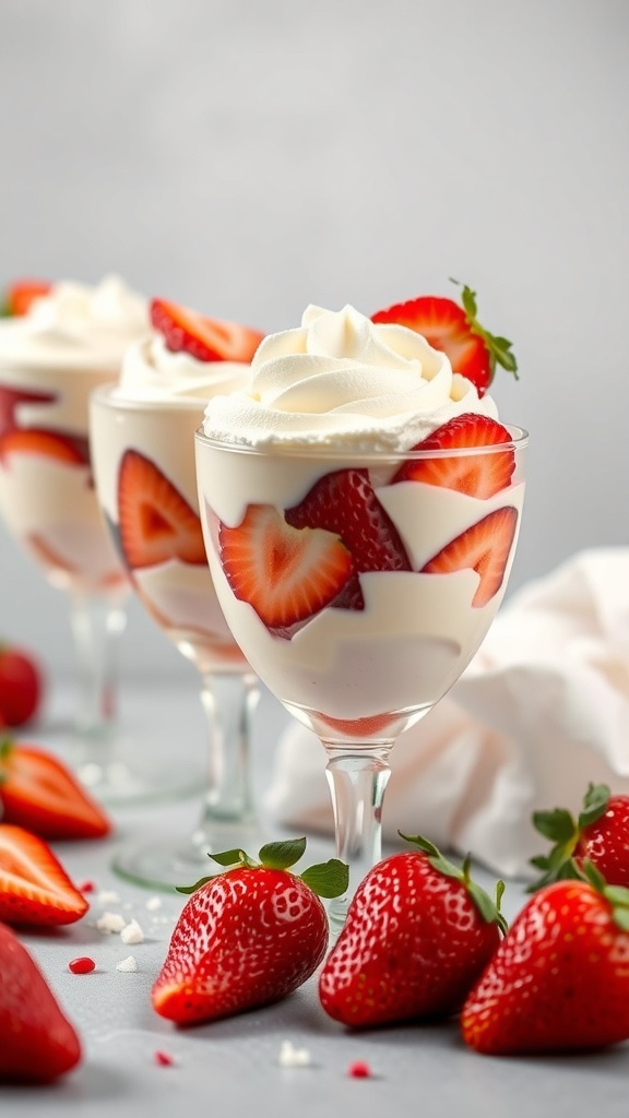 Strawberry shortcake parfaits in glasses with fresh strawberries