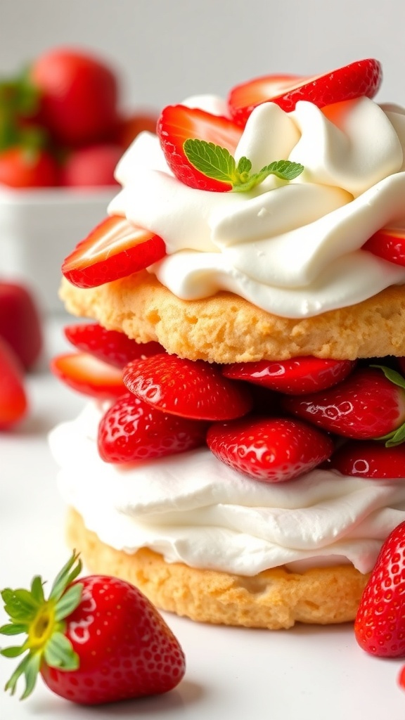 A delicious strawberry shortcake topped with fresh strawberries and whipped cream.