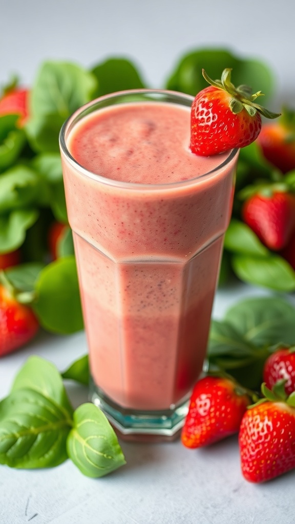 A refreshing strawberry spinach smoothie with a mint garnish, surrounded by fresh strawberries and spinach leaves.