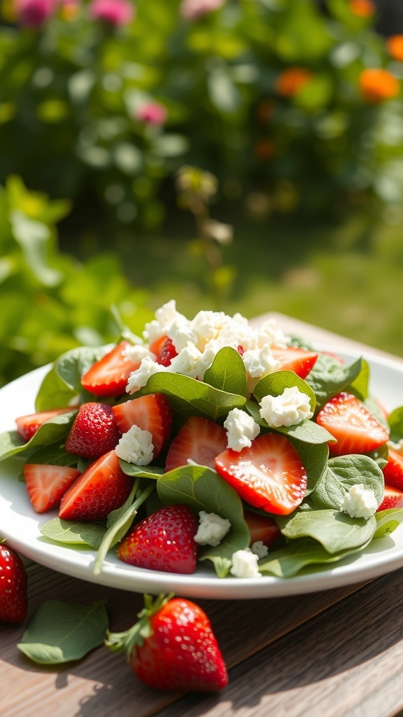 A vibrant Strawberry Spinach Salad with Feta on a plate, surrounded by a colorful garden.