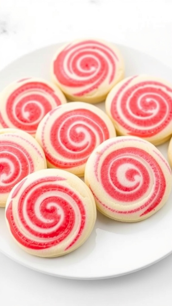 A plate of strawberry swirl cookies with a beautiful red and white design.