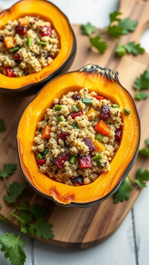 Stuffed acorn squash filled with grains and colorful vegetables on a wooden cutting board