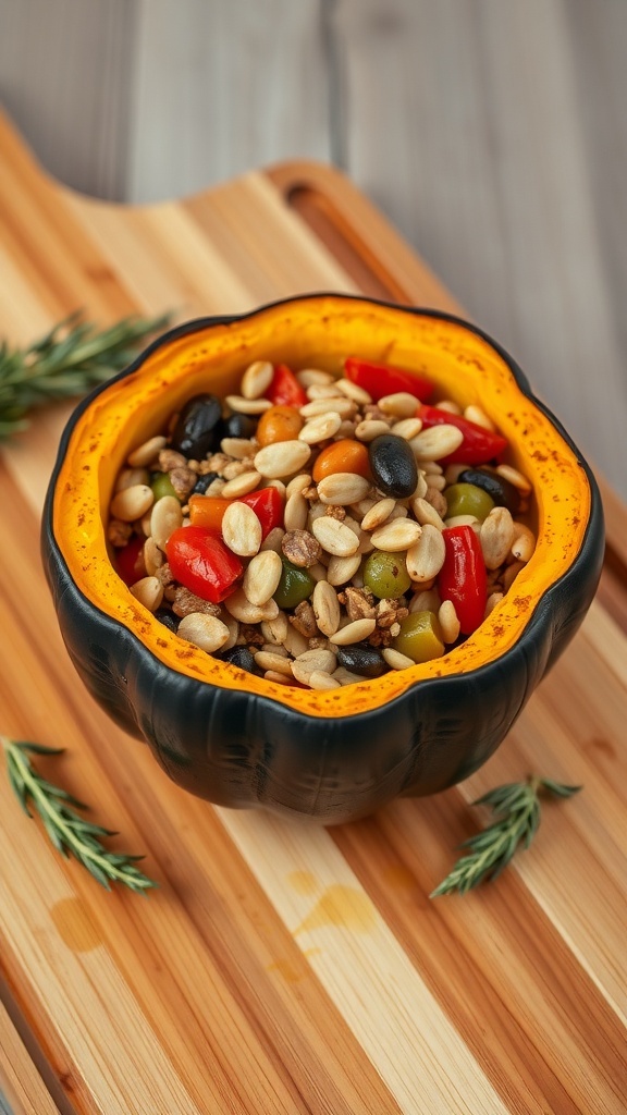 Stuffed acorn squash filled with grains and vegetables on a wooden cutting board
