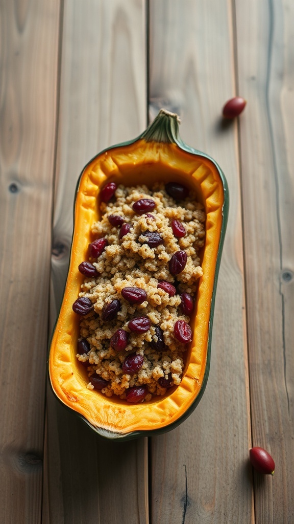 Stuffed acorn squash filled with a grain and cranberry mixture on a wooden table.