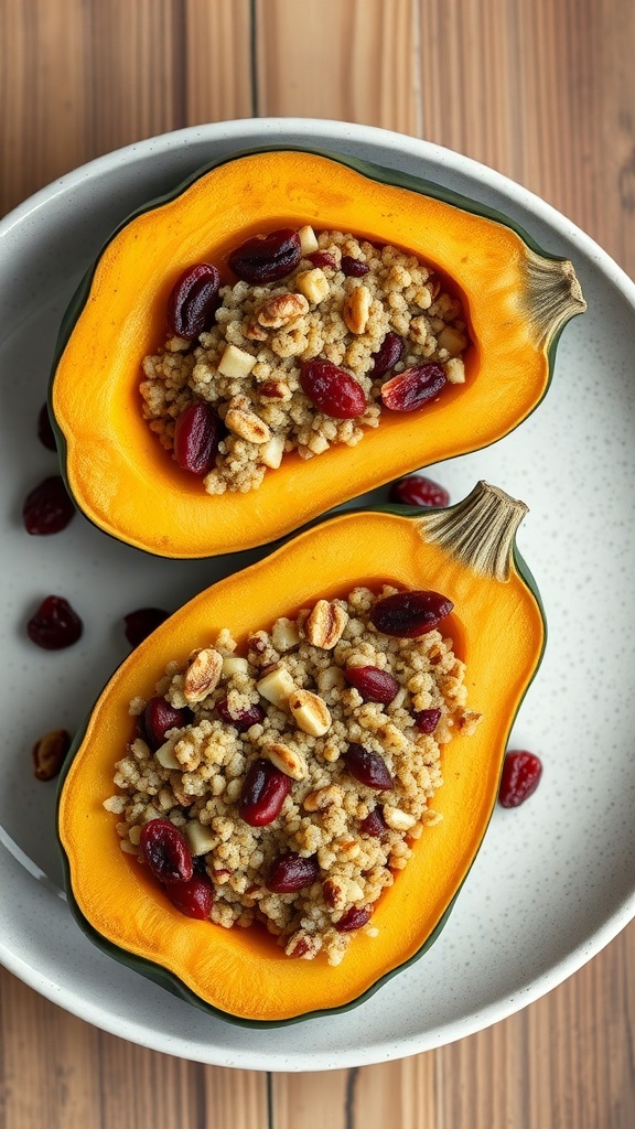 Stuffed acorn squash filled with grains, nuts, and dried fruits