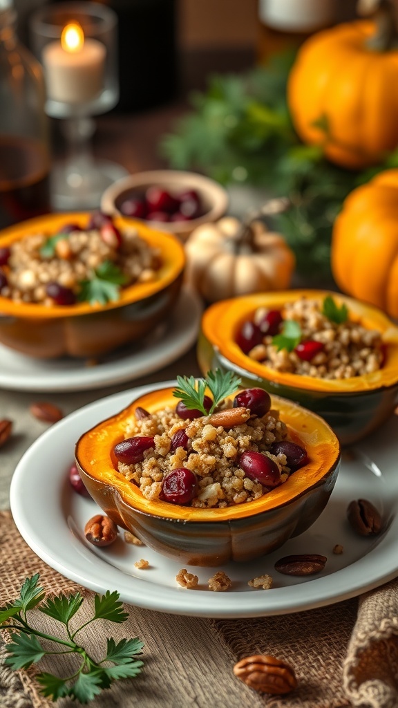 Stuffed acorn squash filled with grains, beans, and nuts, set on a rustic table with fall decorations.