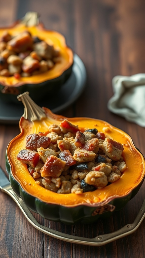 Stuffed acorn squash filled with a savory mixture on a wooden table.