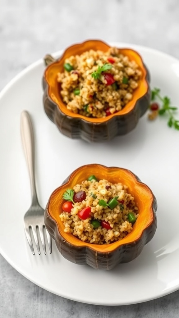 Stuffed acorn squash filled with quinoa and vegetables on a plate.