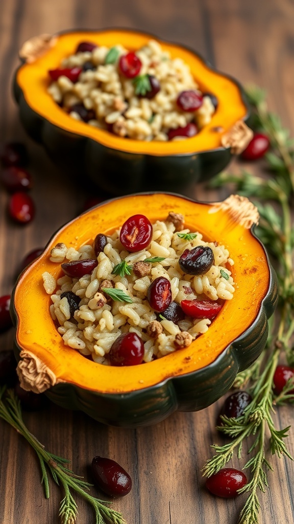 Two stuffed acorn squashes filled with wild rice, cranberries, and herbs on a wooden table.