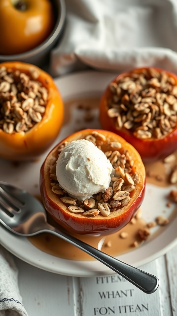 Stuffed apples with oats and ice cream on a plate