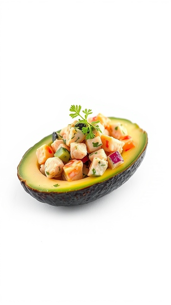 A halved avocado stuffed with a colorful tuna salad mixture.