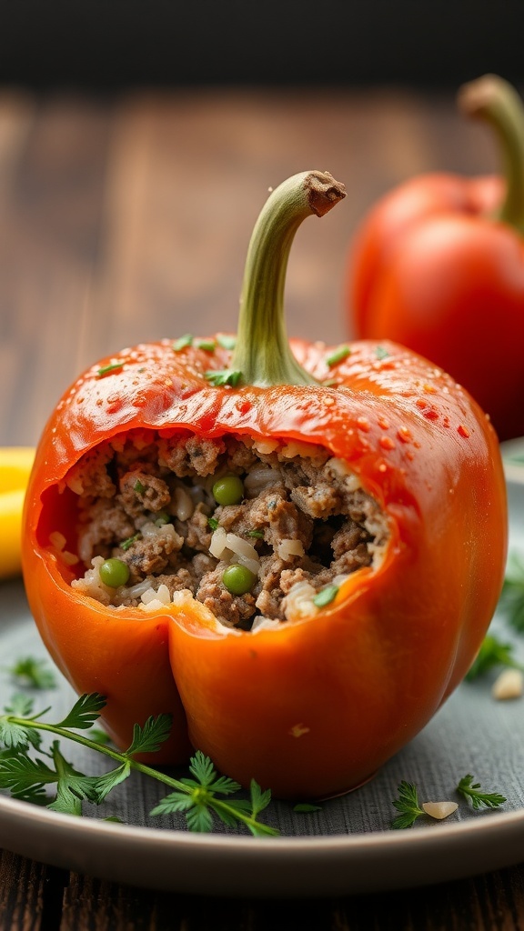 A stuffed orange bell pepper filled with meat and rice, garnished with herbs.