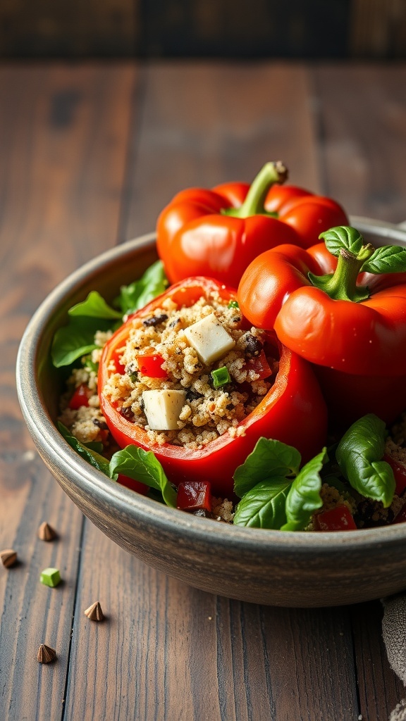 A bowl of stuffed bell pepper salad with red bell peppers filled with a mixture of grains and vegetables on a bed of greens.