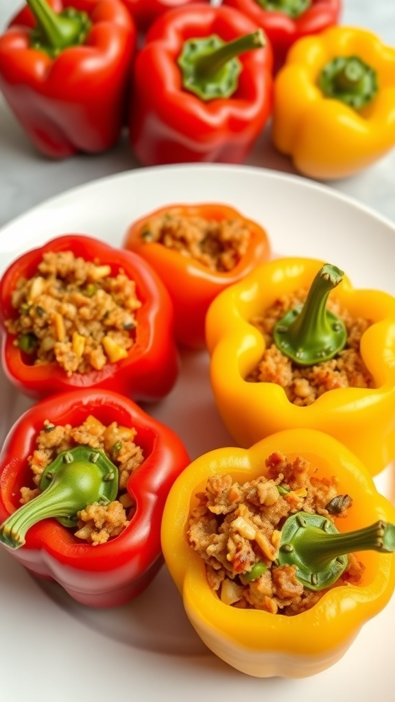 Colorful stuffed bell peppers filled with a savory mixture, perfect for a romantic dinner.